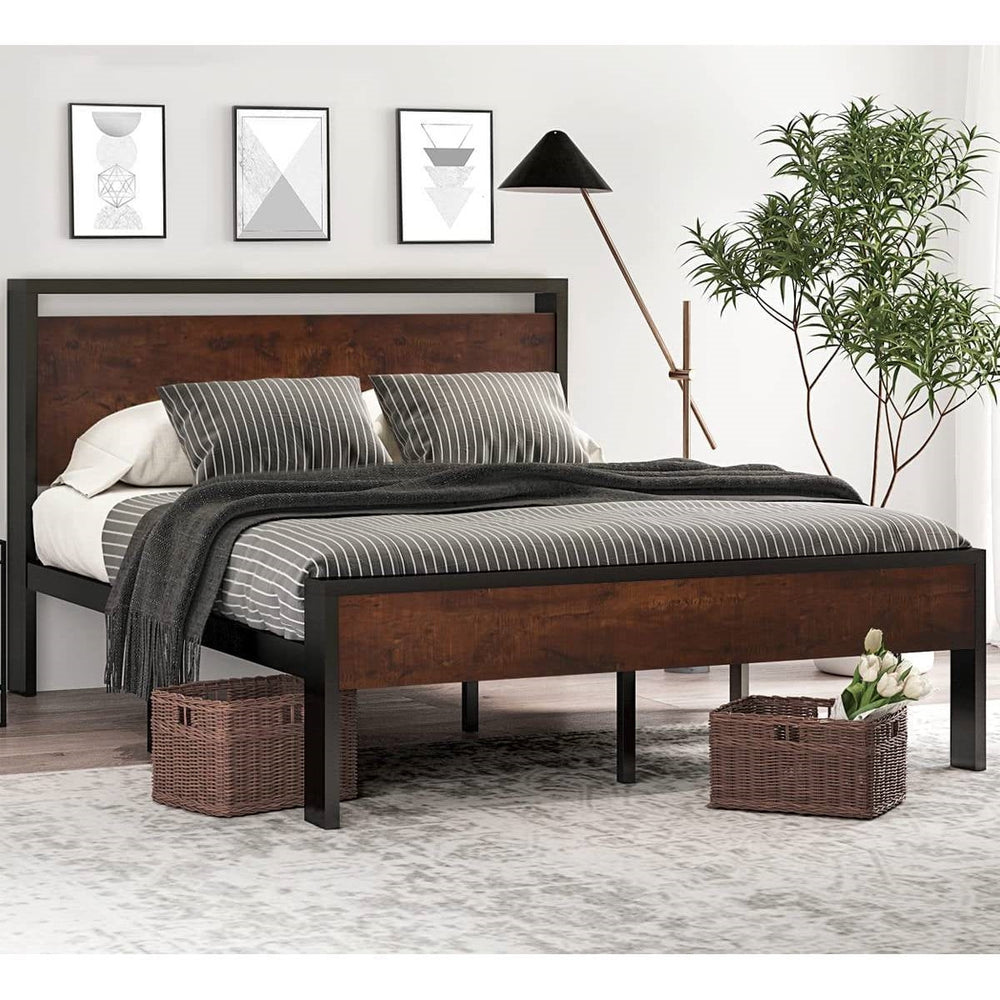 King Metal Platform Bed Frame with Mahogany Wood Panel Headboard Footboard Image 2