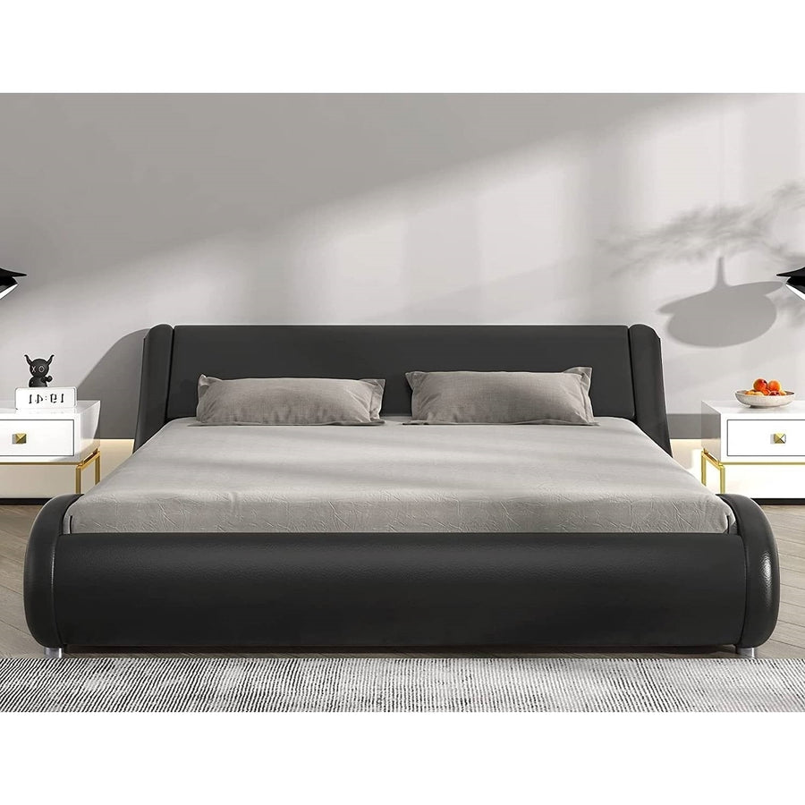 King Modern Black Faux Leather Upholstered Platform Bed Frame with Headboard Image 1