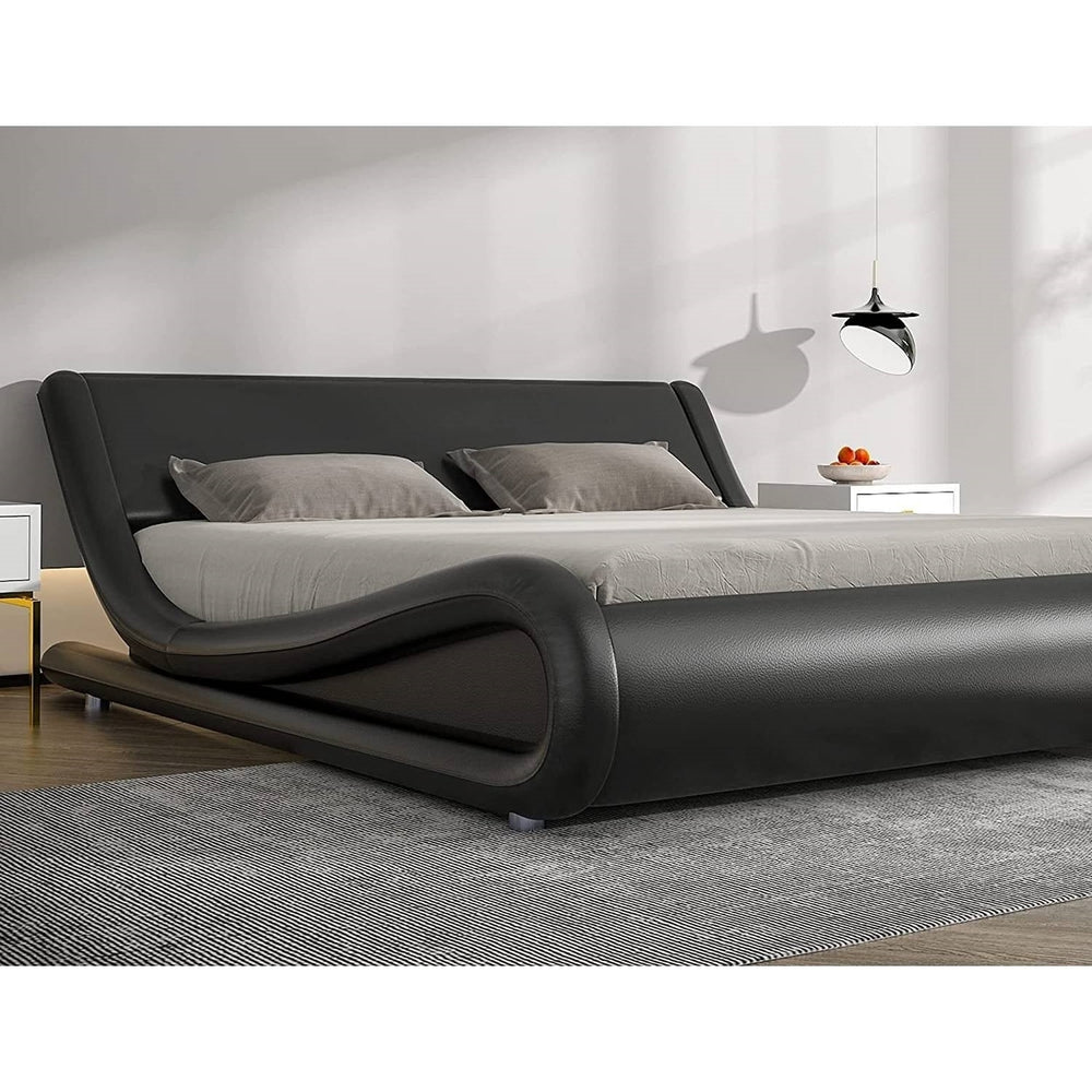 King Modern Black Faux Leather Upholstered Platform Bed Frame with Headboard Image 2