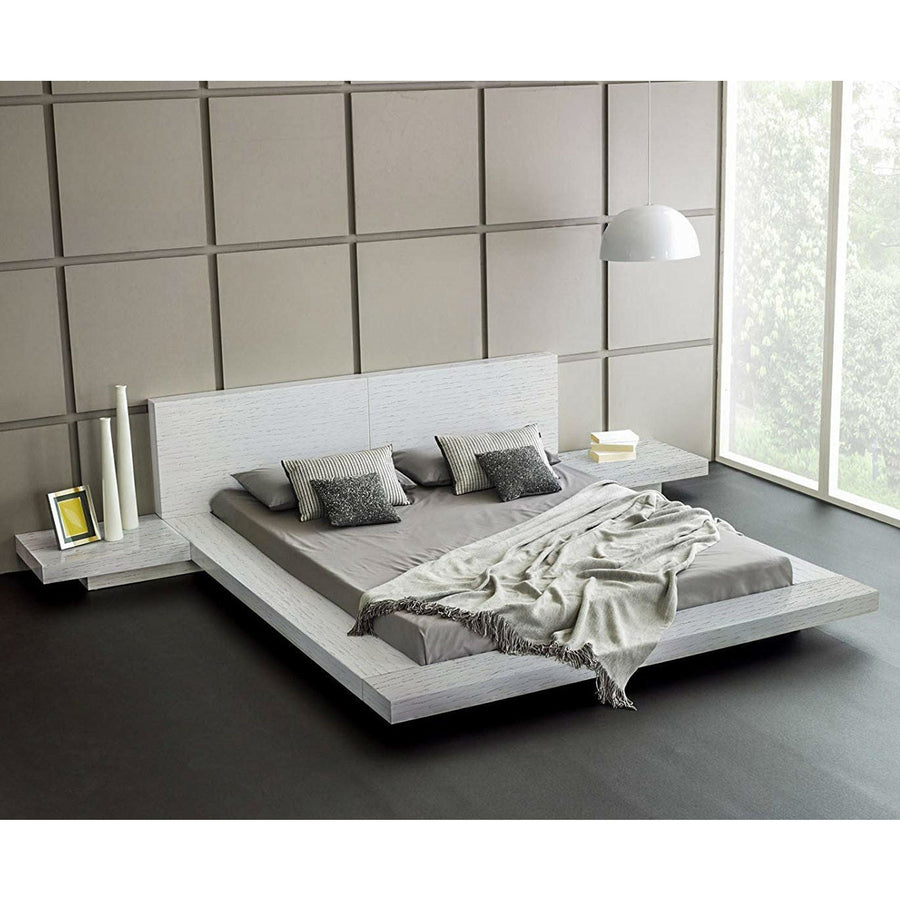 King Modern Platform Bed with Headboard and 2 Nightstand in Ash White Image 1