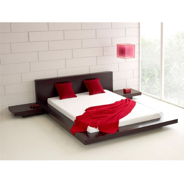 King Modern Japanese Style Platform Bed with Headboard and 2 Nightstands in Espresso Image 2