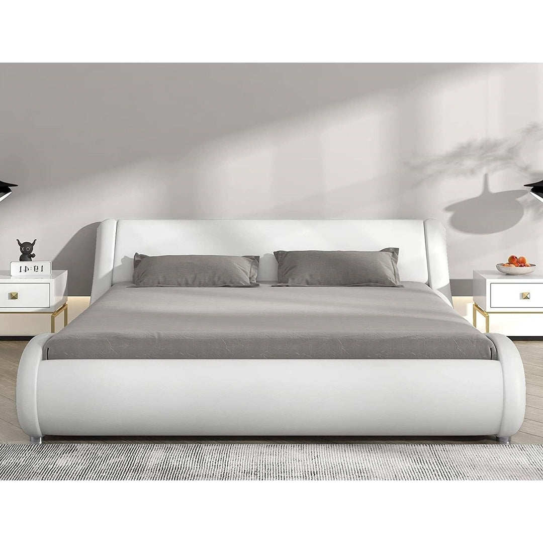 King Modern White Faux Leather Upholstered Platform Bed Frame with Headboard Image 1