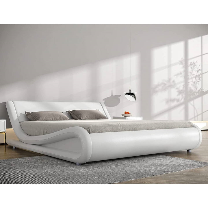 King Modern White Faux Leather Upholstered Platform Bed Frame with Headboard Image 2