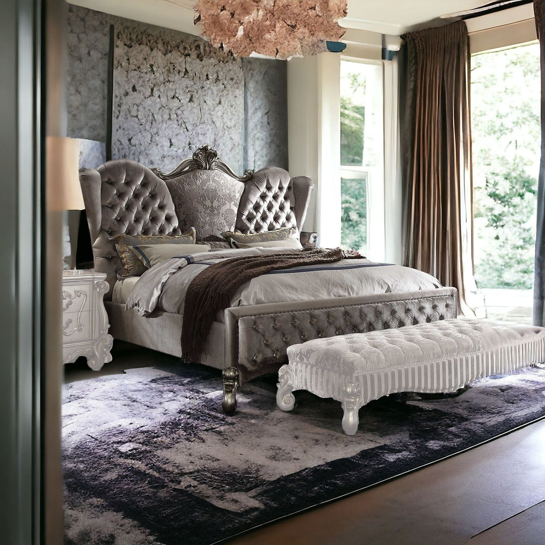 King Tufted Gray Upholstered Velvet Bed With Nailhead Trim Image 6