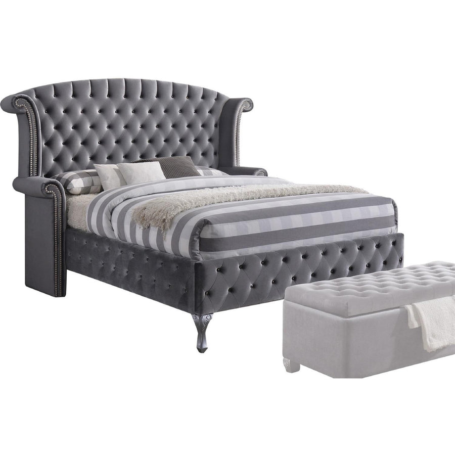 King Tufted Gray Upholstered Velvet Bed With Nailhead Trim Image 1