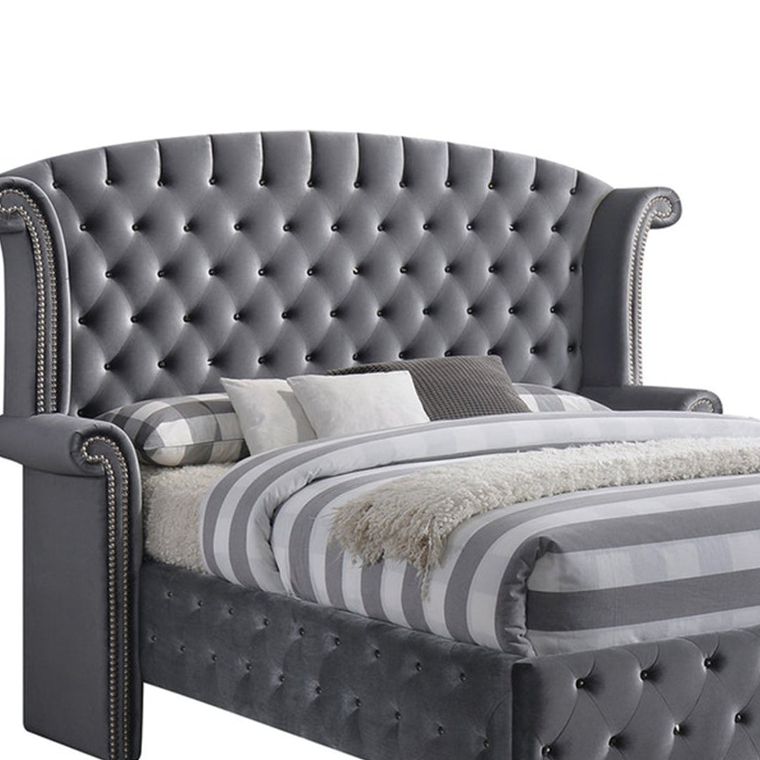 King Tufted Gray Upholstered Velvet Bed With Nailhead Trim Image 2