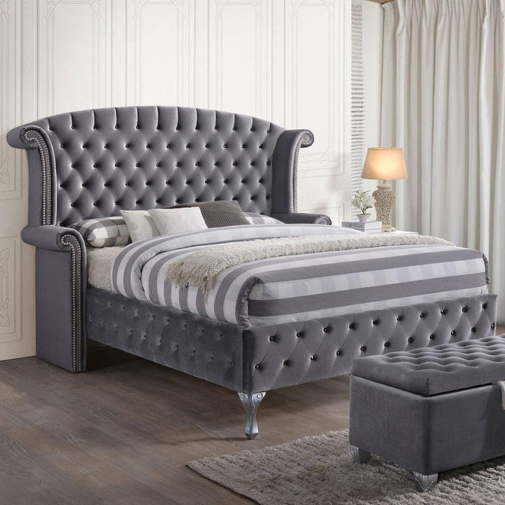 King Tufted Gray Upholstered Velvet Bed With Nailhead Trim Image 3