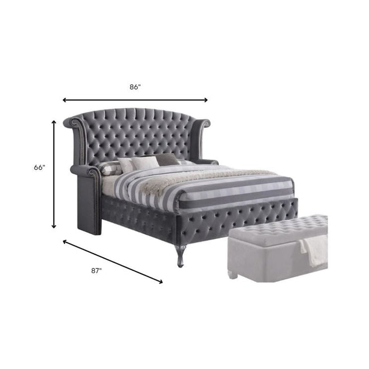 King Tufted Gray Upholstered Velvet Bed With Nailhead Trim Image 4