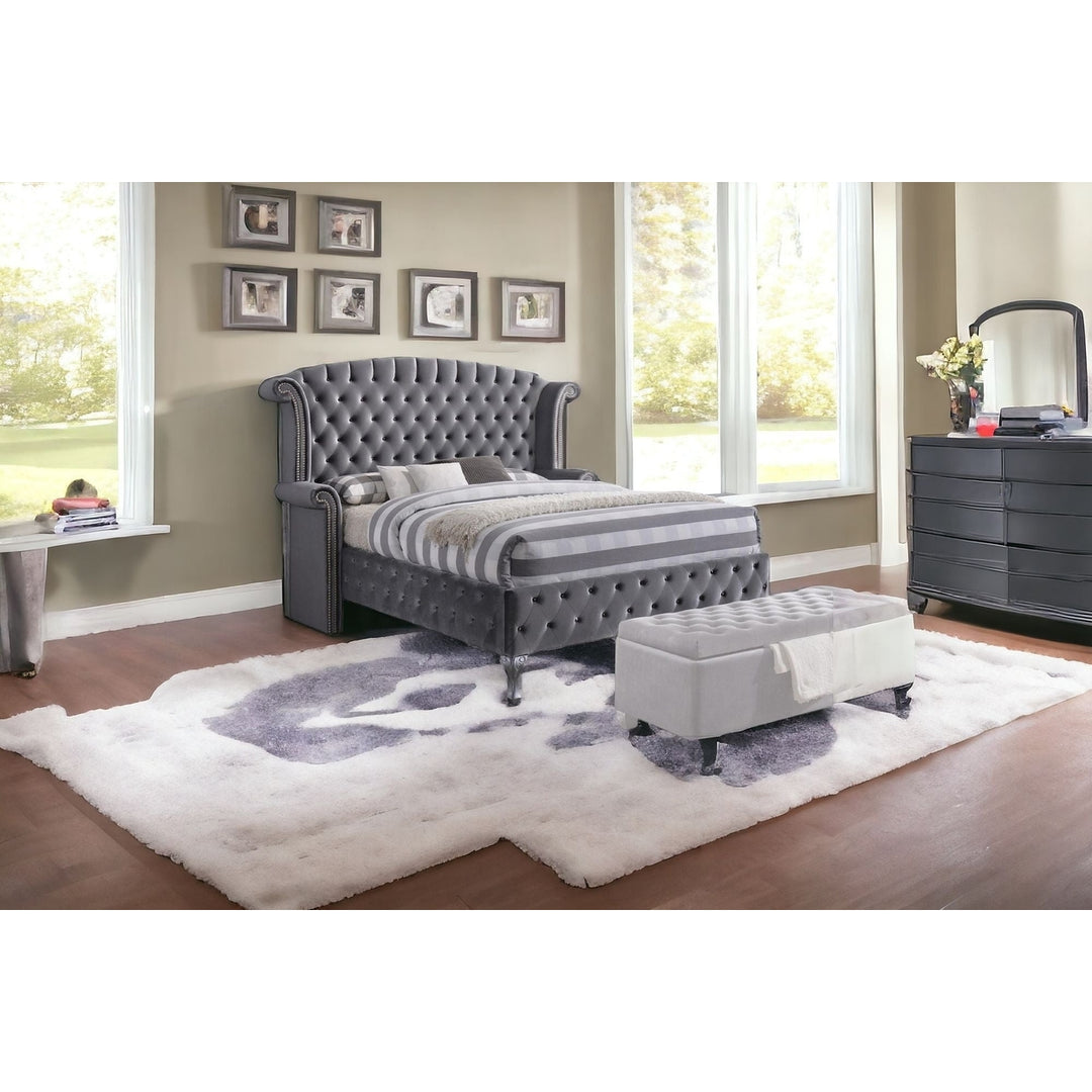 King Tufted Gray Upholstered Velvet Bed With Nailhead Trim Image 5