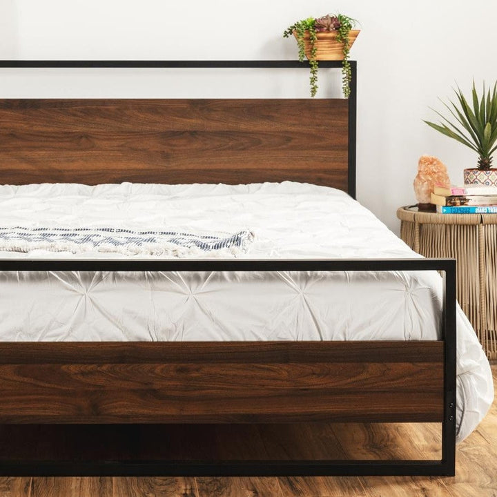 Modern FarmHome Queen Low Profile Metal Wood Platform Bed Image 4