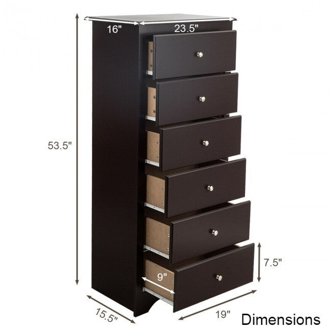 Modern Espresso 6 Drawer Tall Wood Dresser Chest Image 2