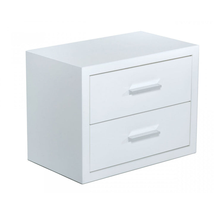 Modern Glossy White Box Nightstand with Two Drawers Image 2