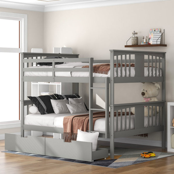 Modern Gray Full Over Full Bunk Bed with Two Drawers Image 1