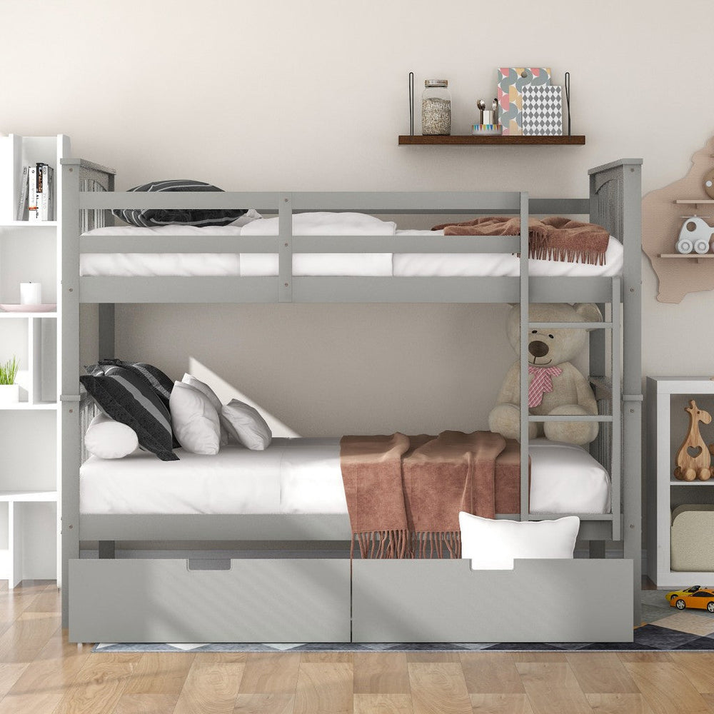 Modern Gray Full Over Full Bunk Bed with Two Drawers Image 2