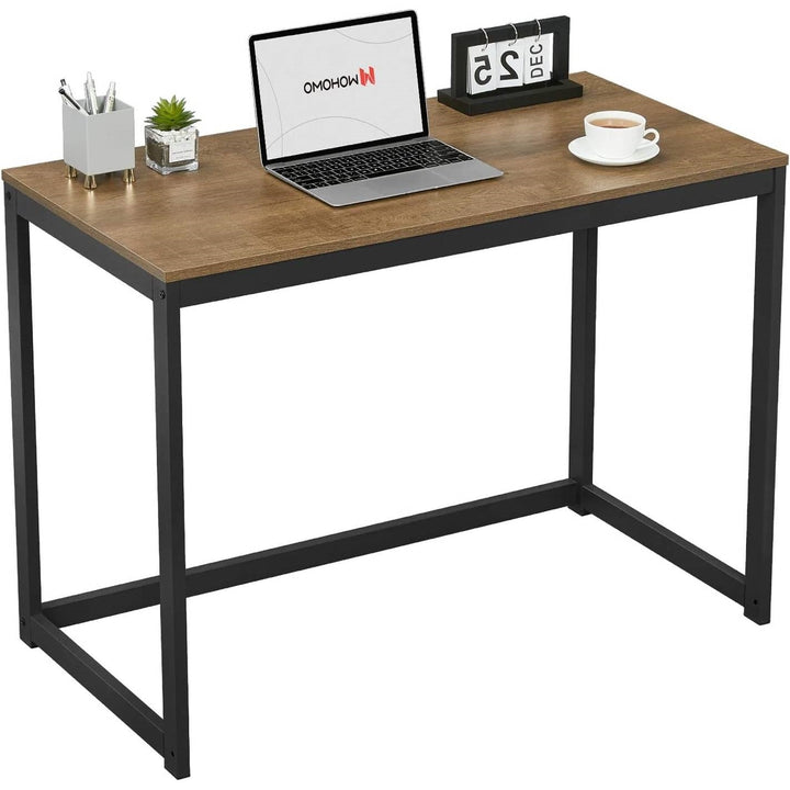 Modern Home Office Laptop Computer Desk Table with Black Metal Frame Wood Top Image 2