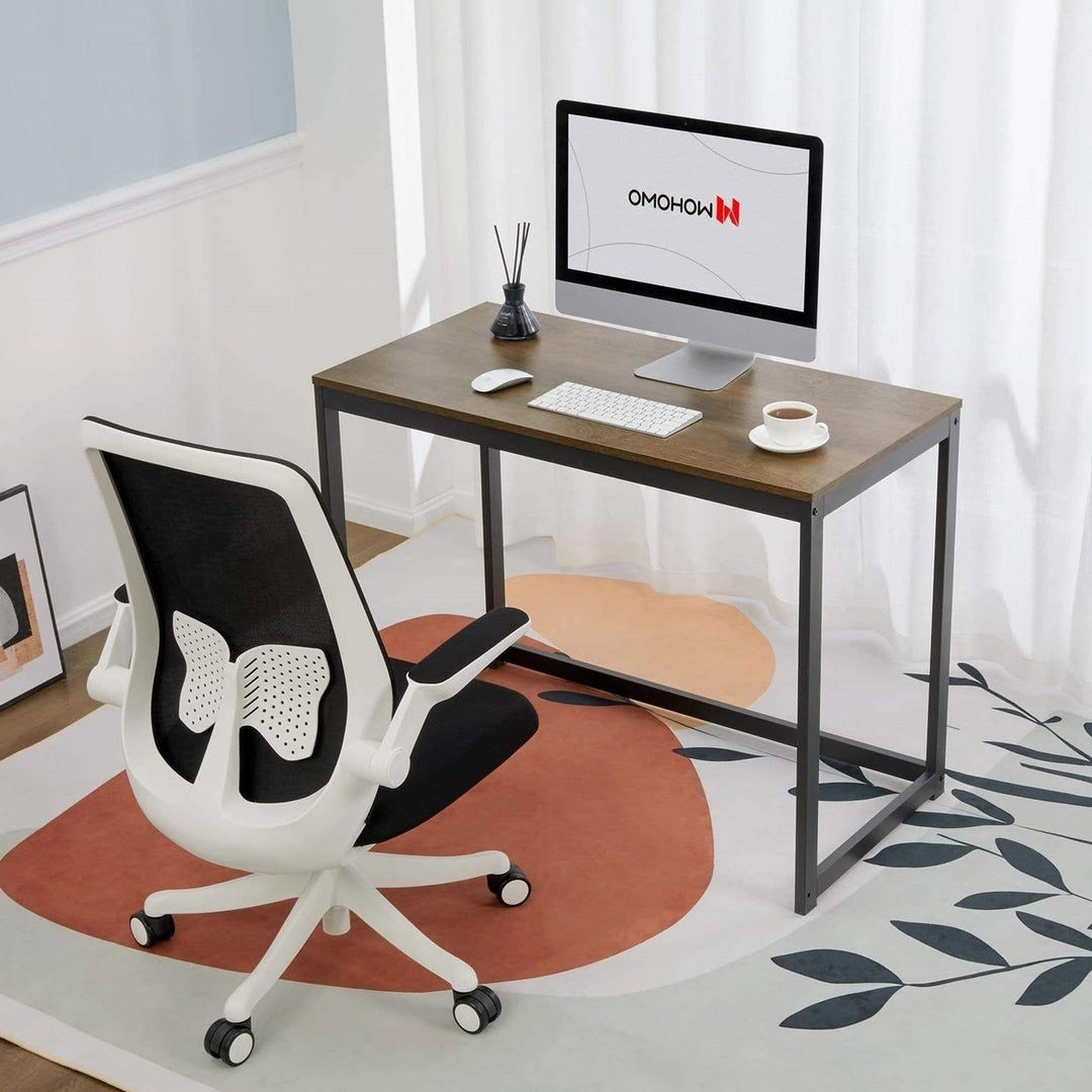 Modern Home Office Laptop Computer Desk Table with Black Metal Frame Wood Top Image 4