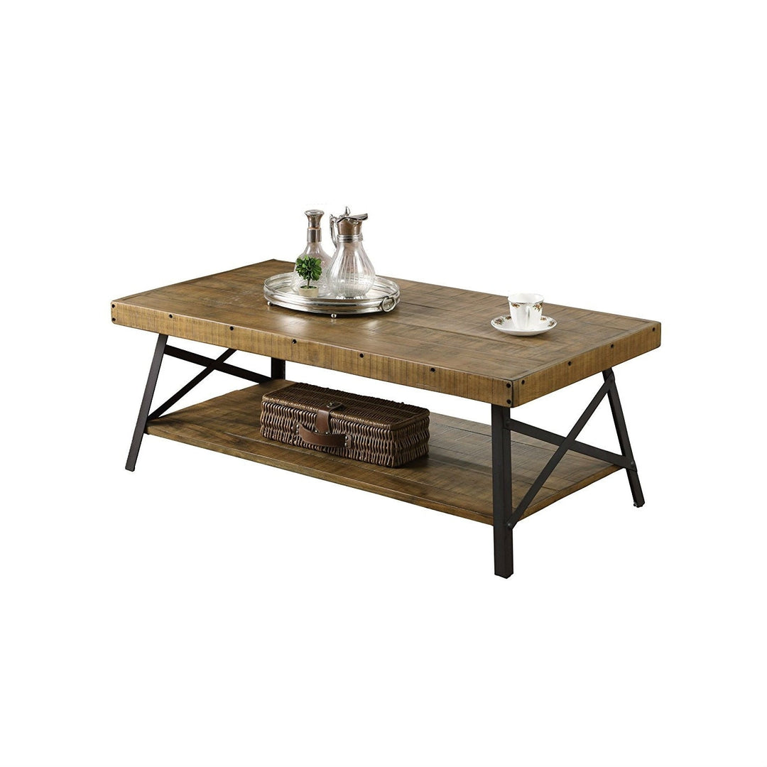 Modern Industrial Style Solid Wood Coffee Table with Steel Legs Image 2