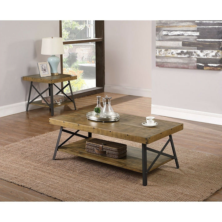 Modern Industrial Style Solid Wood Coffee Table with Steel Legs Image 3