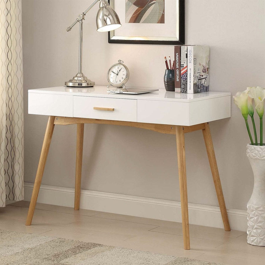 Modern Laptop Writing Desk in White with Natural Mid-Century Style Legs Image 1