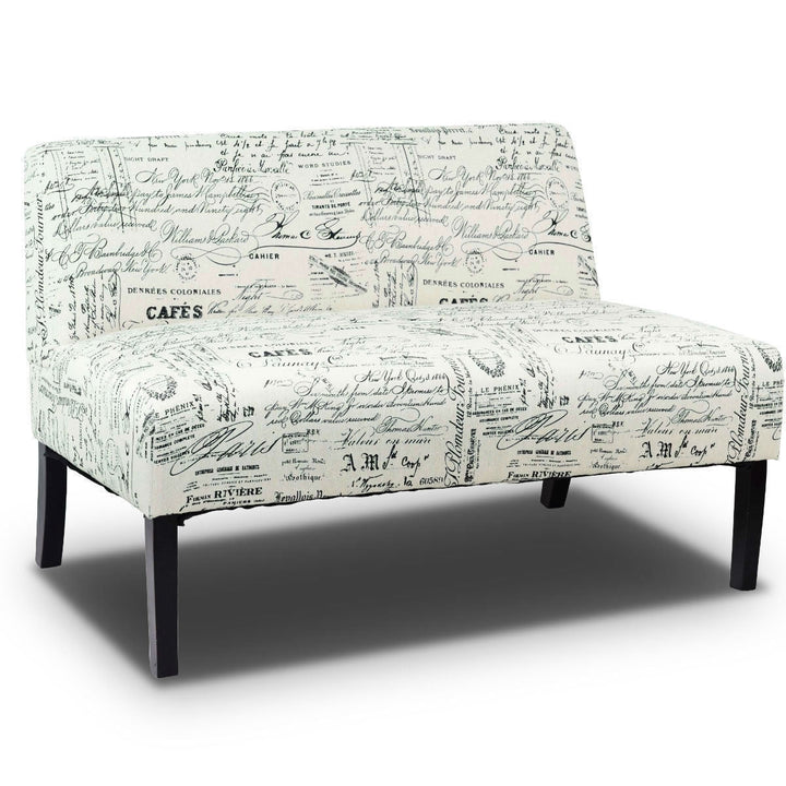 Modern Loveseat Sofa with Off-White Cursive Pattern Upholstery and Black Wood Legs Image 1