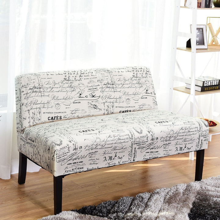 Modern Loveseat Sofa with Off-White Cursive Pattern Upholstery and Black Wood Legs Image 2