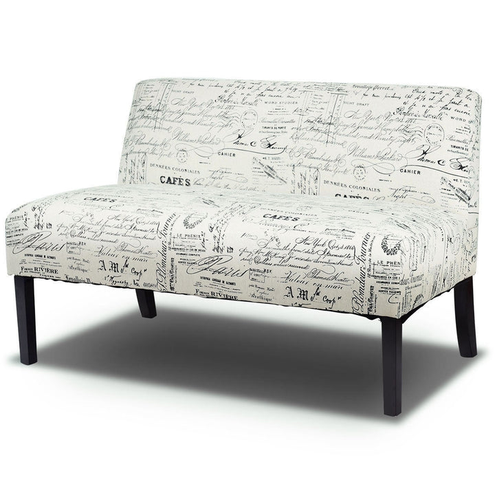 Modern Loveseat Sofa with Off-White Cursive Pattern Upholstery and Black Wood Legs Image 4