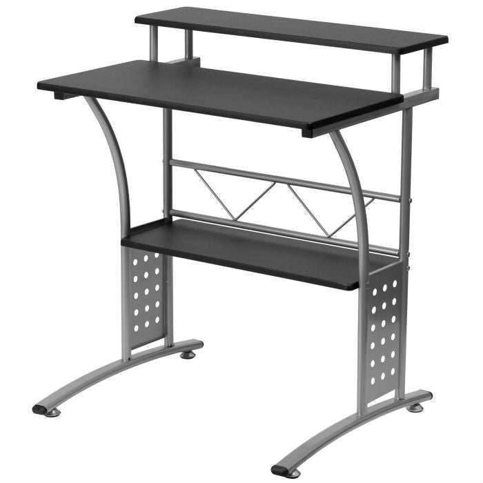 Modern Metal Frame Computer Desk with Black Laminate Top and Raised Shelf Image 1