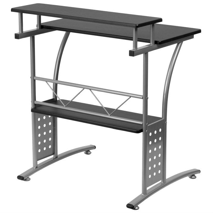 Modern Metal Frame Computer Desk with Black Laminate Top and Raised Shelf Image 2