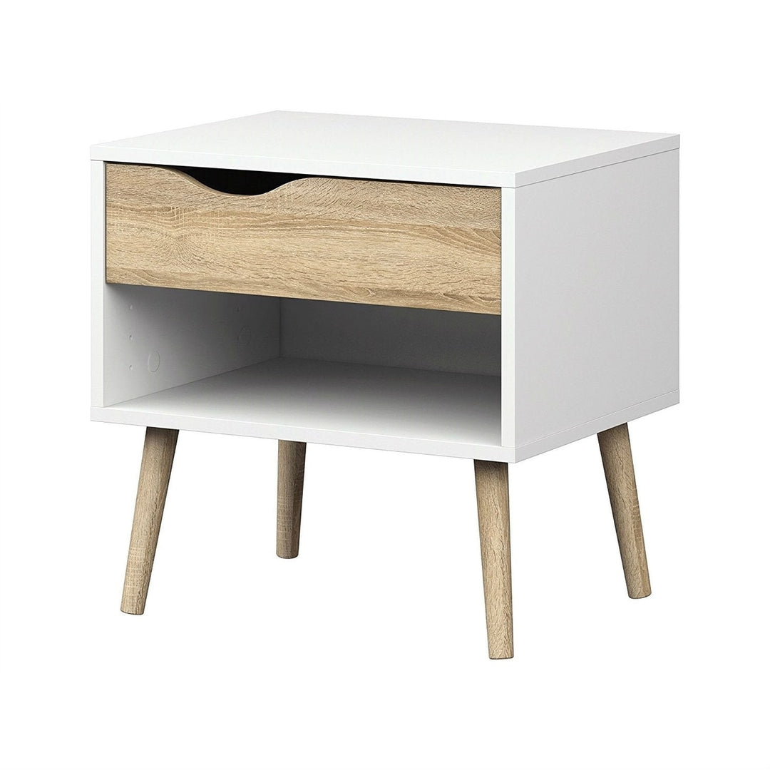 Modern Mid Century Style End Table Nightstand in White and Oak Finish Image 1