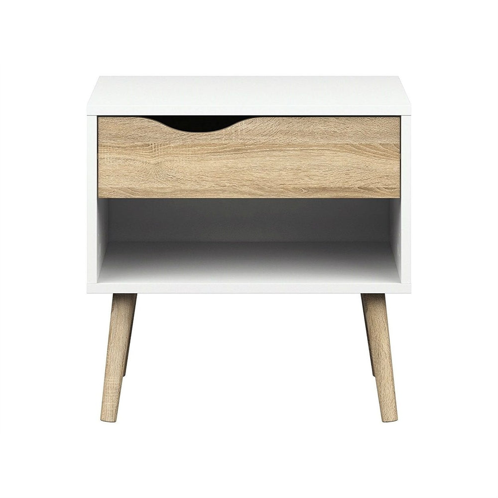 Modern Mid Century Style End Table Nightstand in White and Oak Finish Image 2