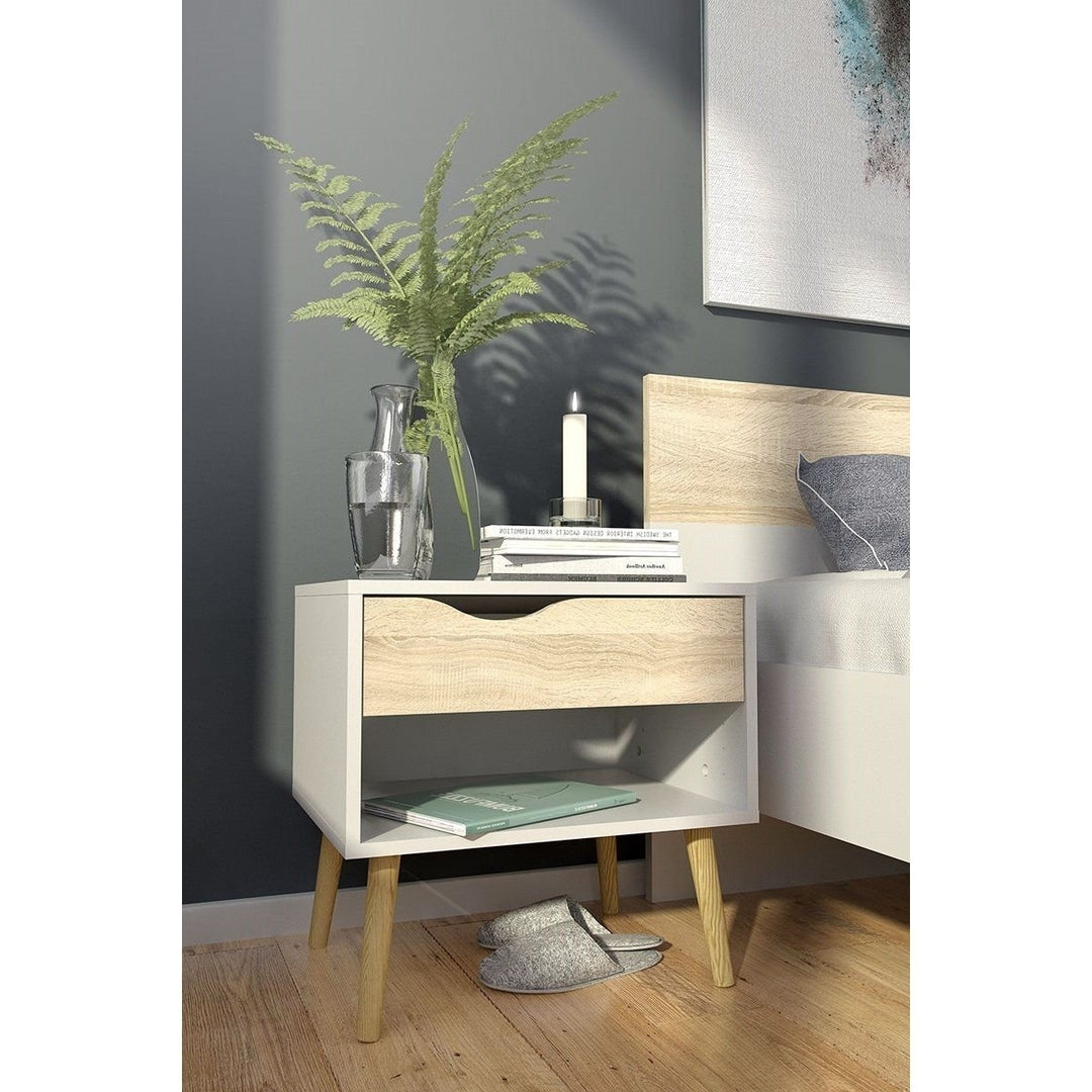 Modern Mid Century Style End Table Nightstand in White and Oak Finish Image 4