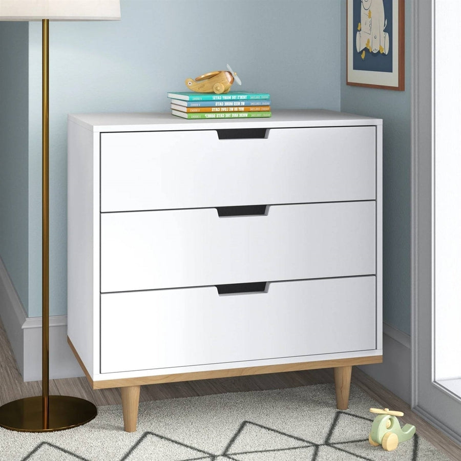 Modern Mid-Century Style 3-Drawer Dresser Chest in White Natural Wood Finish Image 1