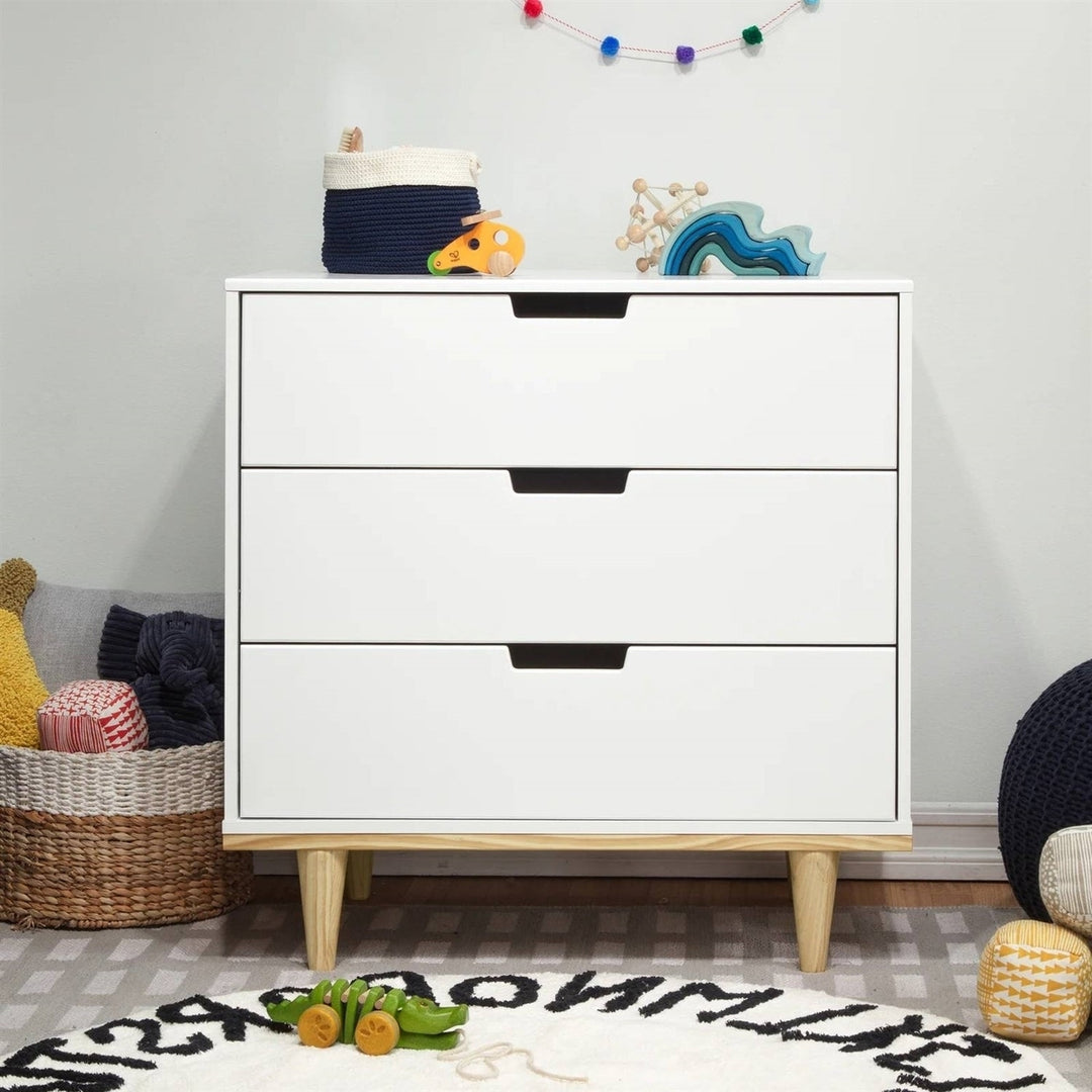 Modern Mid-Century Style 3-Drawer Dresser Chest in White Natural Wood Finish Image 2