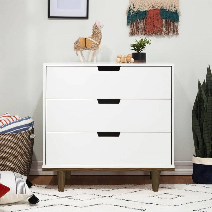 Modern Mid-Century Style 3-Drawer Dresser Chest in White Walnut Wood Finish Image 3