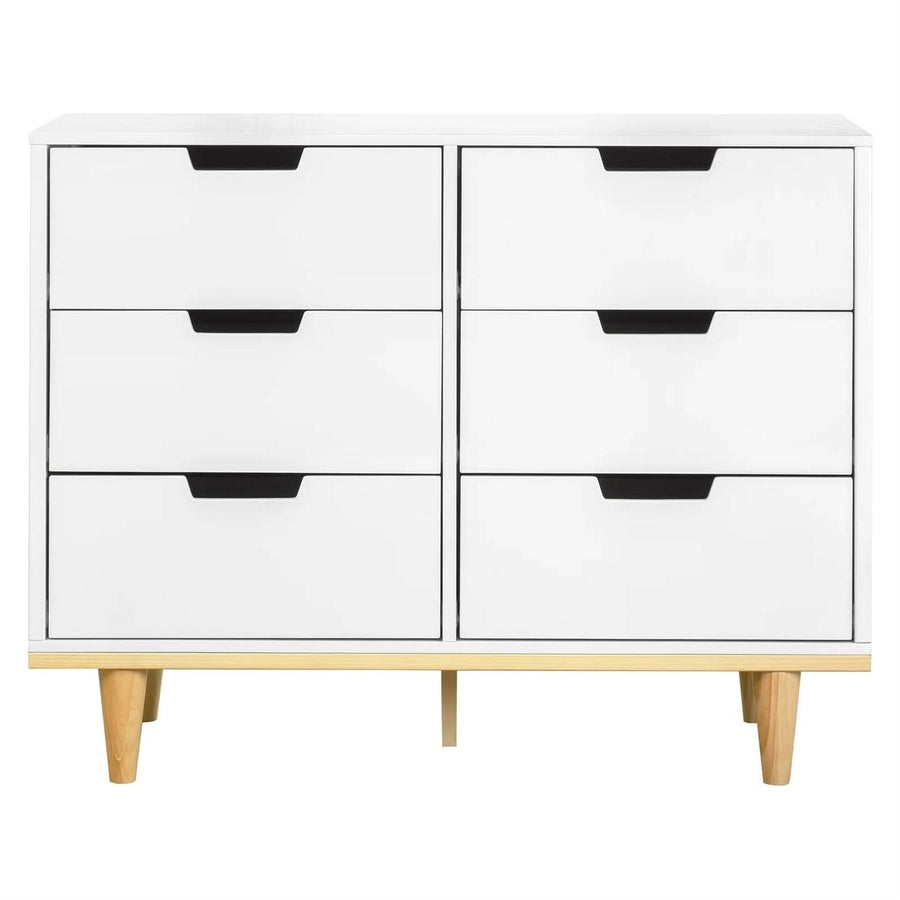 Modern Mid-Century Style 6-Drawer Double Dresser in White Natural Wood Finish Image 1