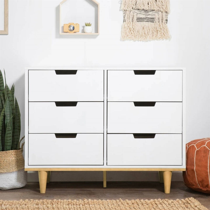 Modern Mid-Century Style 6-Drawer Double Dresser in White Natural Wood Finish Image 2