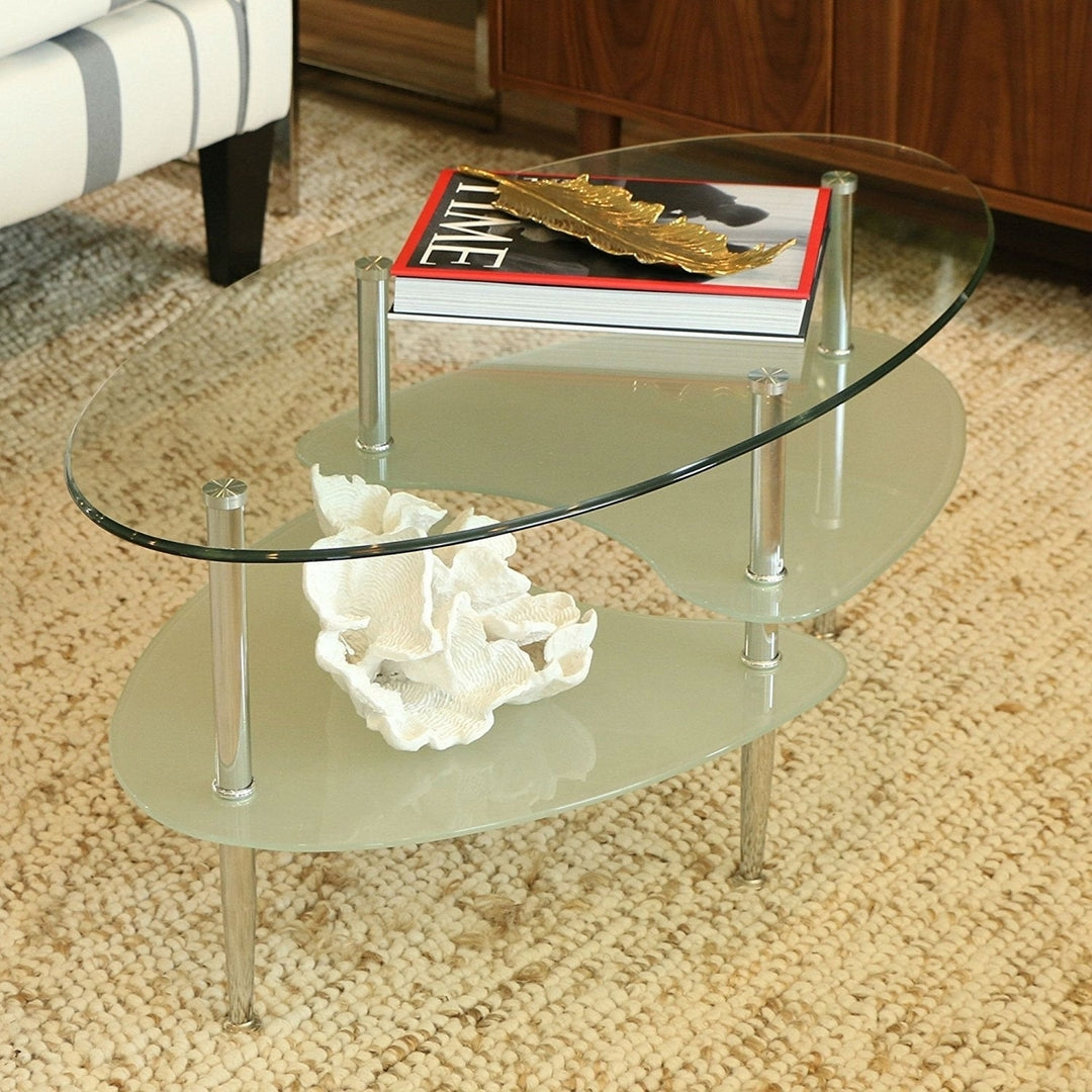 Modern Oval Glass Coffee Table with Chrome Metal Legs Image 1