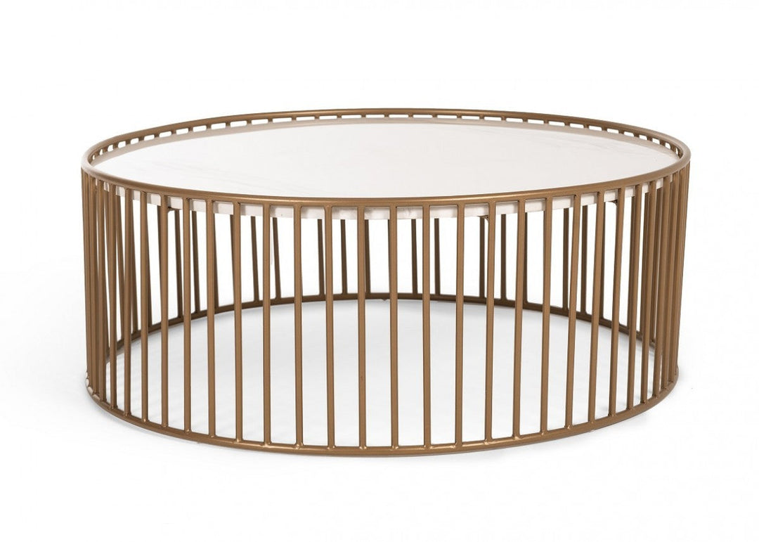 Modern Round White and Gold Faux Marble Coffee Table Image 1