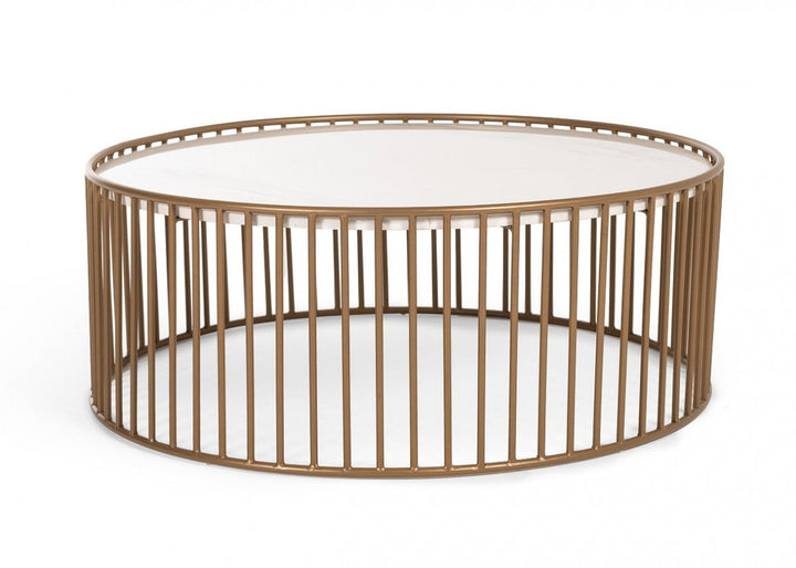 Modern Round White and Gold Faux Marble Coffee Table Image 1