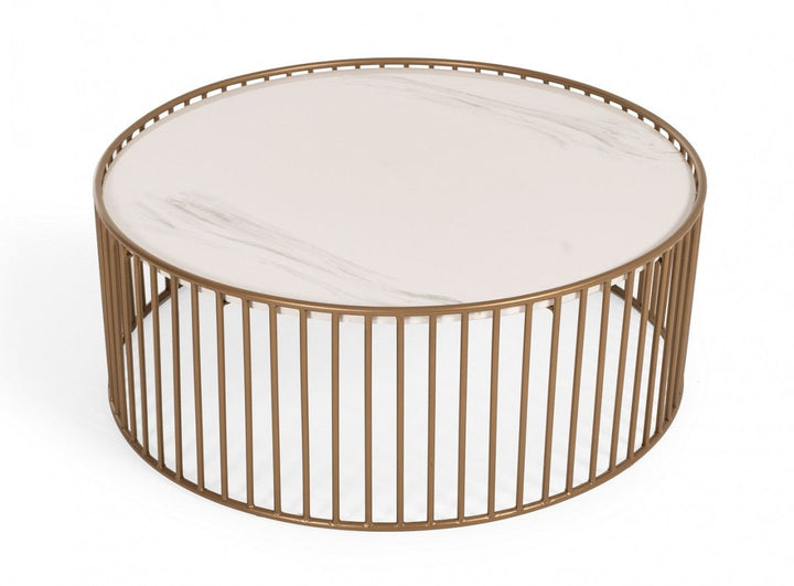 Modern Round White and Gold Faux Marble Coffee Table Image 2