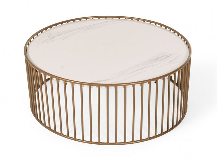 Modern Round White and Gold Faux Marble Coffee Table Image 4