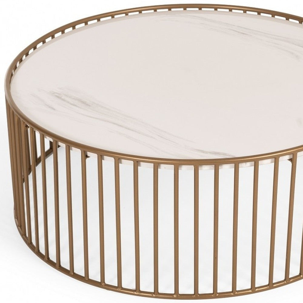 Modern Round White and Gold Faux Marble Coffee Table Image 5