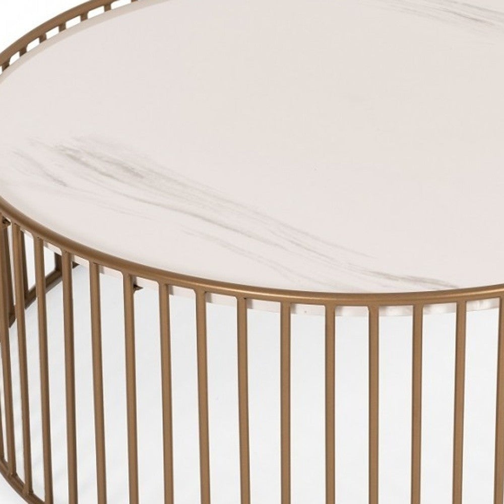 Modern Round White and Gold Faux Marble Coffee Table Image 6