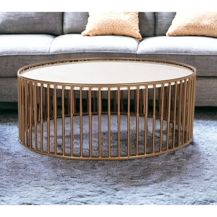 Modern Round White and Gold Faux Marble Coffee Table Image 8