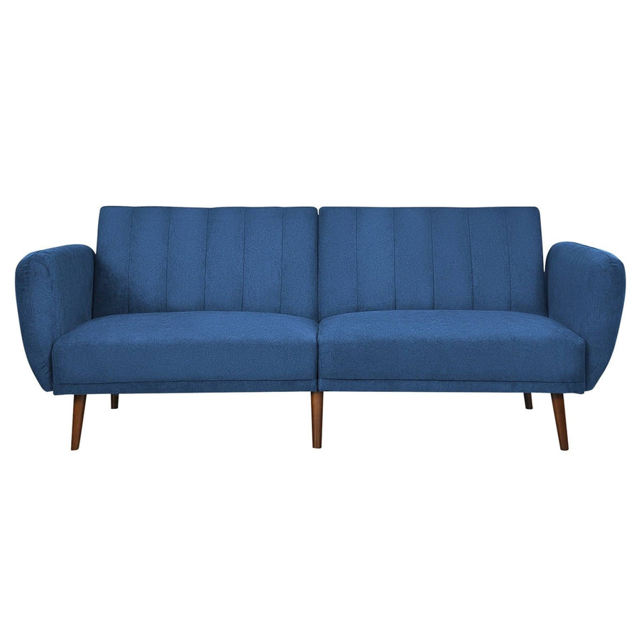 Modern Scandinavian Blue Linen Upholstered Sofa Bed with Wooden Legs Image 1