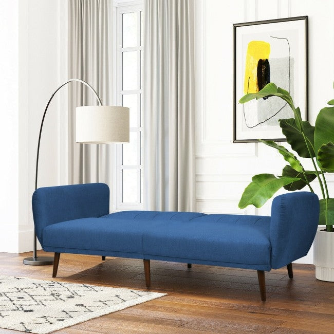 Modern Scandinavian Blue Linen Upholstered Sofa Bed with Wooden Legs Image 3