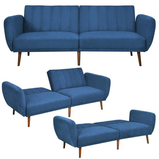 Modern Scandinavian Blue Linen Upholstered Sofa Bed with Wooden Legs Image 4