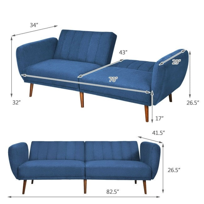 Modern Scandinavian Blue Linen Upholstered Sofa Bed with Wooden Legs Image 5