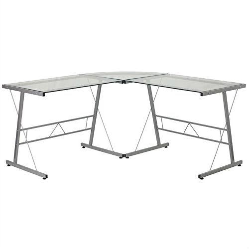 Modern Silver Metal L-Shaped Desk with Glass Top and Floor Glides Image 1