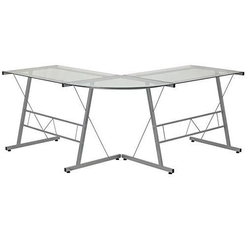 Modern Silver Metal L-Shaped Desk with Glass Top and Floor Glides Image 2